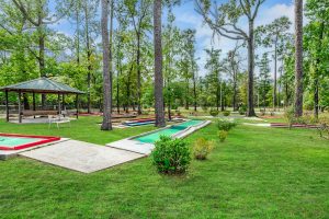 Outdoors mini golf course with trees surrounding it.