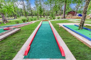Outdoor mini-golf course with multiple colorful putting lanes surrounded by trees and benches in a wooded park setting