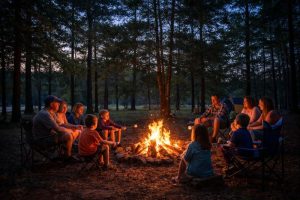 Bundick Lake RV Park Families and kids enjoy a campfire at Bundick Lake Retreat and RV Park in DeRidder, Louisiana, roasting marshmallows at dusk.