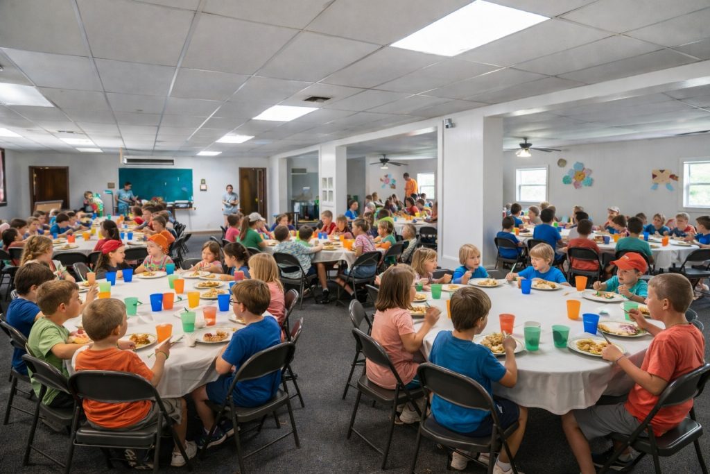 Bundick Lake RV Park Children enjoy a meal at Bundick Lake Retreat and RV Park in DeRidder, LA, sitting at round tables in a bright, art-filled room.