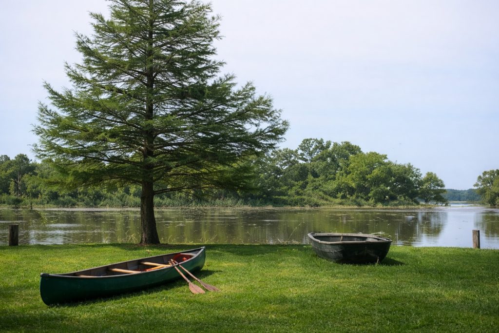 Bundick Lake RV Park Canoes on green grass by Bundick Lake at Retreat and RV Park, DeRidder Louisiana, scenic calm water, trees, blue sky reflection.