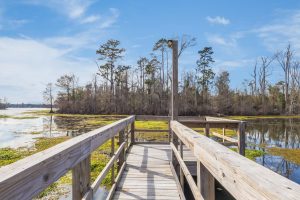 Bundick Lake RV Park Wooden dock at Bundick Lake Retreat and RV Park in DeRidder, Louisiana over calm water, green vegetation, trees, blue sky.